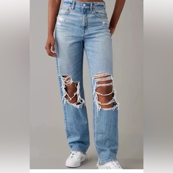 AE Strigid Ripped Highest Waist Baggy Straight Jean Size 00 - Picture 10 of 13